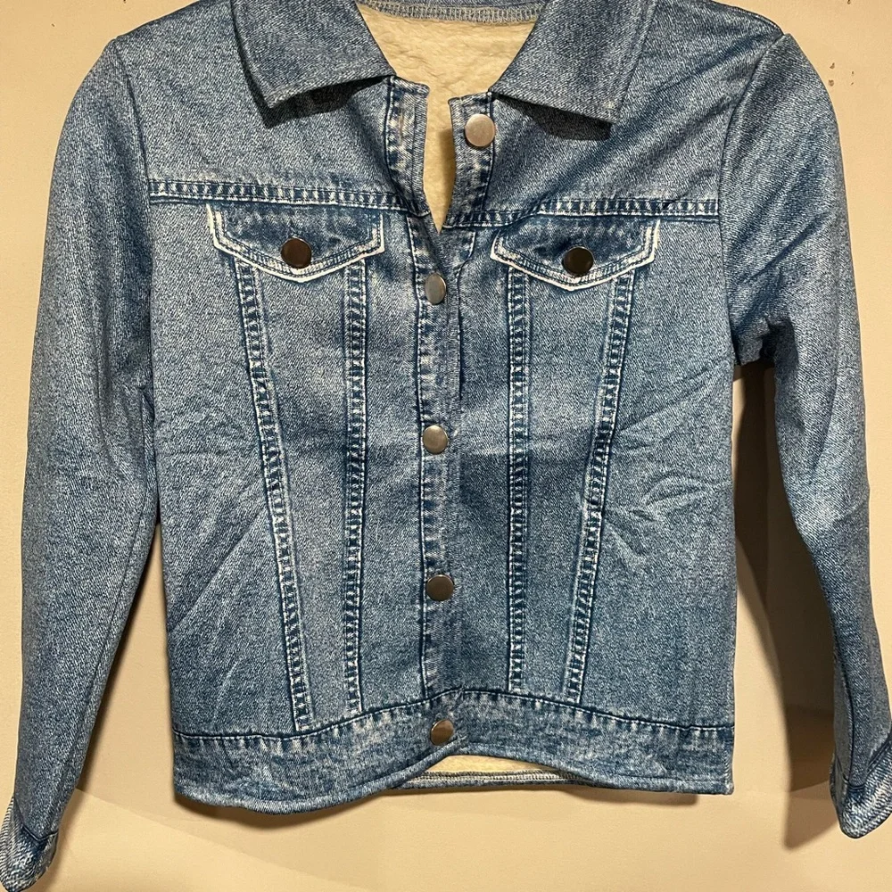 Kids Faux Denim Jacket Size 7–8 | Blue Button Front |Soft Lined Casual Coat NWOT